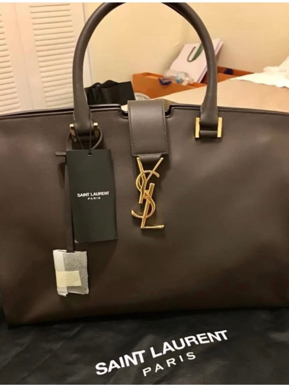 Saint Laurent Dark Brown Leather Men’s Top-Handle Briefcase with Gold Hardware
